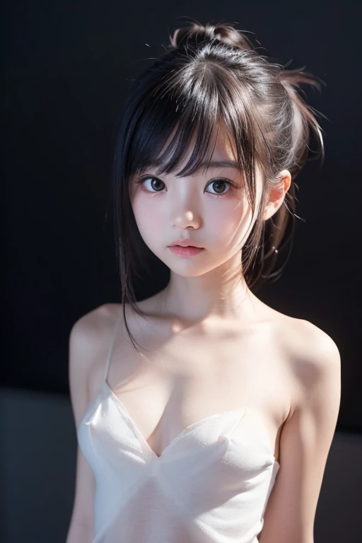 High resolution, High level image quality, high detail,, anatomically correct, sharp, gray bacKground、((Japanese)), alone,snow-white sKin,fair sKin、plump lips、very cute、(((small breasts、small breasts)))、An ennui looK、 well-shaped chest, mesh brown hair、twin tails:1.3、short hairのtwin tails:1.1、short hair、stylish blacK dress:1.3、(((stand upright, facing the center of the screen.))) ((upper body angle))、RAW photo、highest quality、super resolution、best image quality、masterpiece、８K , (bare breasts:1.3) , (young face:1.3)