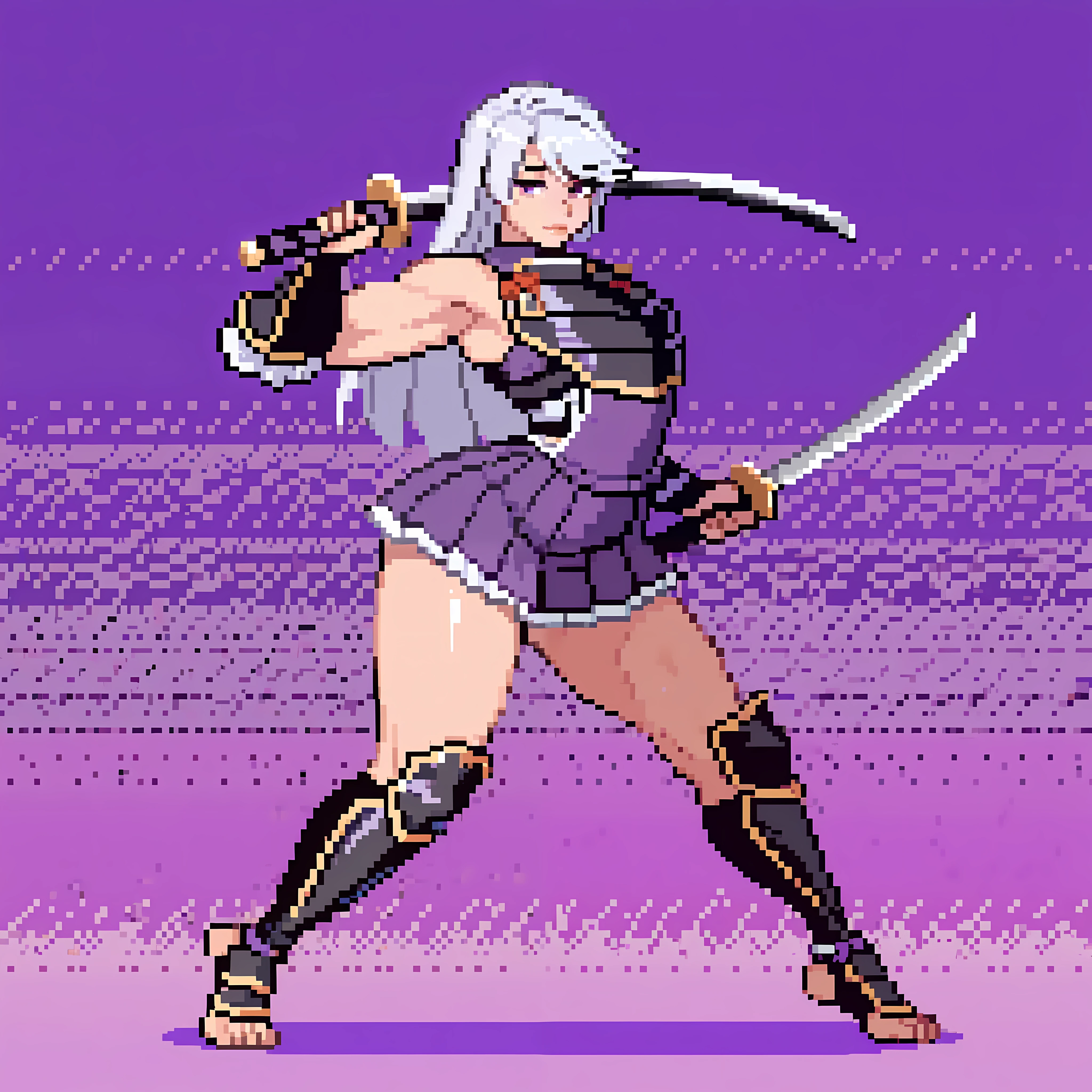Csp2Pixel, Pixelate, Diodora from mokushiroku no yonkishi,BREAK,score_9, score_8_up, (candydoII feisty femboy with milfy slim body), flat chest, flat thicc mass man-chest, (anime mature femboy with pale-blue straight long with swept bangs), crisp detailed silken smooth hair, sleeveless gauntlets, genji breastplate dress, heavily decorated samurai katana, frilled short skirt, armored genji heeled-greaves, thick arms, various action pose, dual-wielding stance - scabbard left hand and katana right hand, genji-samurai action stance, (arched back), exude queenly erotic regality, sweet sweet mommy's nurturing expression, lips parting a little, confident, Curvy femboys body, 