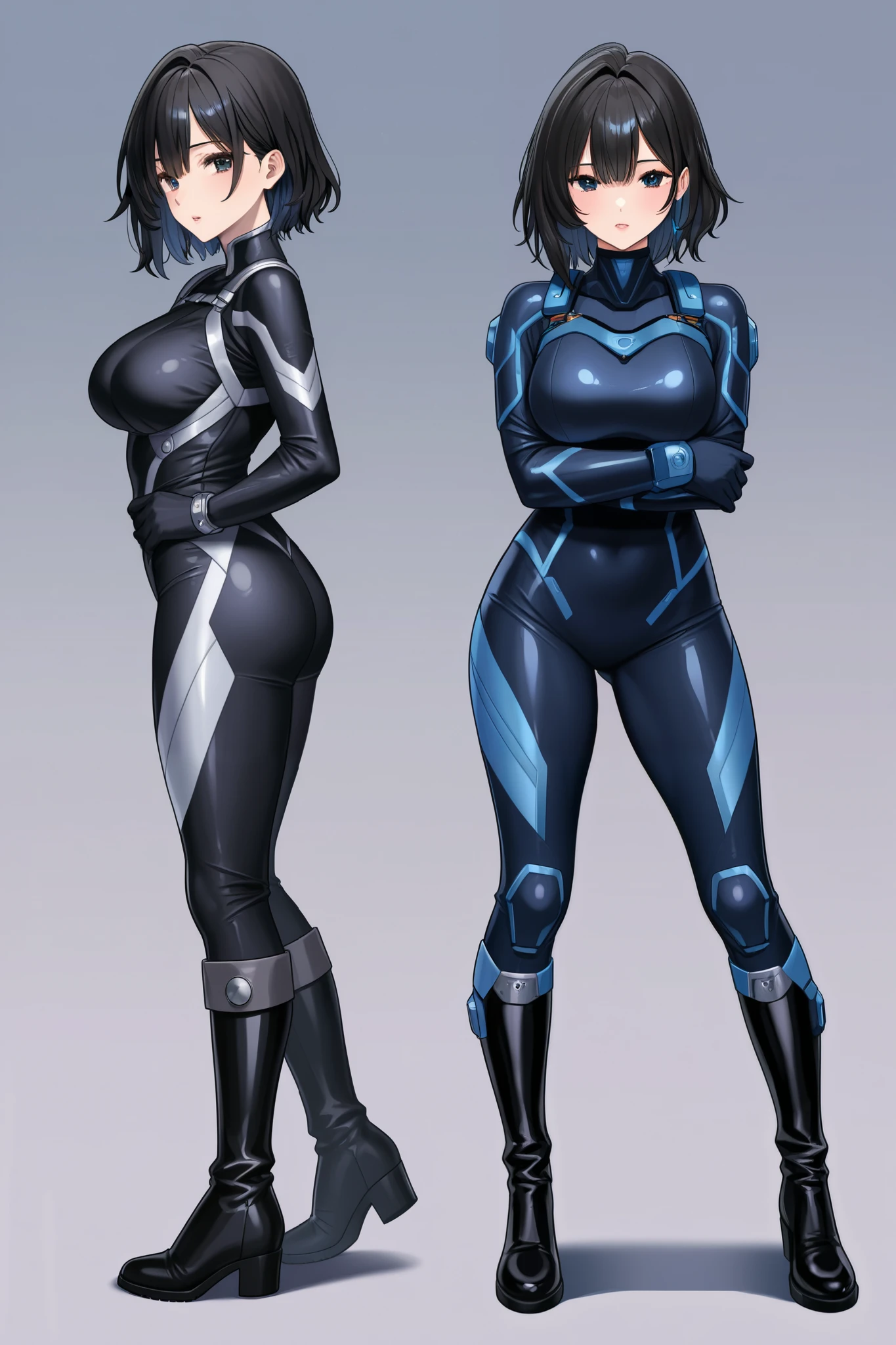 adult woman、 black hair、 long、White、rider suit、Hi-Reg、cyber、 standing、front、no highlights、looking at viewer、 beautiful feet、no expression、 dark、Villain、Blue Line、is tall、adults、aldult、boots、thighs、