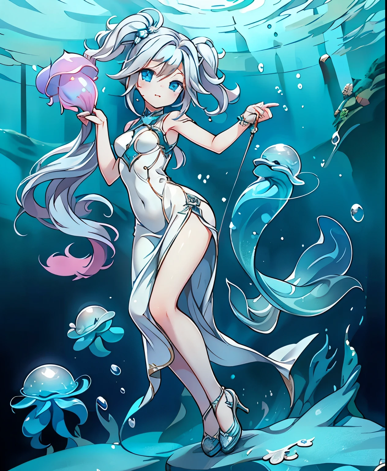 ( masterpiece、 best quality、 best quality、Official Art、 beautiful and beautiful :1.2)、(one girl:1.3) ,、Twin Tails, beautiful breasts,(masterpiece), (Best Quality), very well detailed、1 girl、Close、( solo full body shot:1.3), very well detailedな顔、(long white hair:1.5)、(blue eyes:1.4)、( in the water:1.4)、(White Dress:1.5)、ocean、Coral Reef、School of small fish、light、bubble、Jellyfish、ocean藻、(深ocean:1.4)、fantasy、ocean底、float
