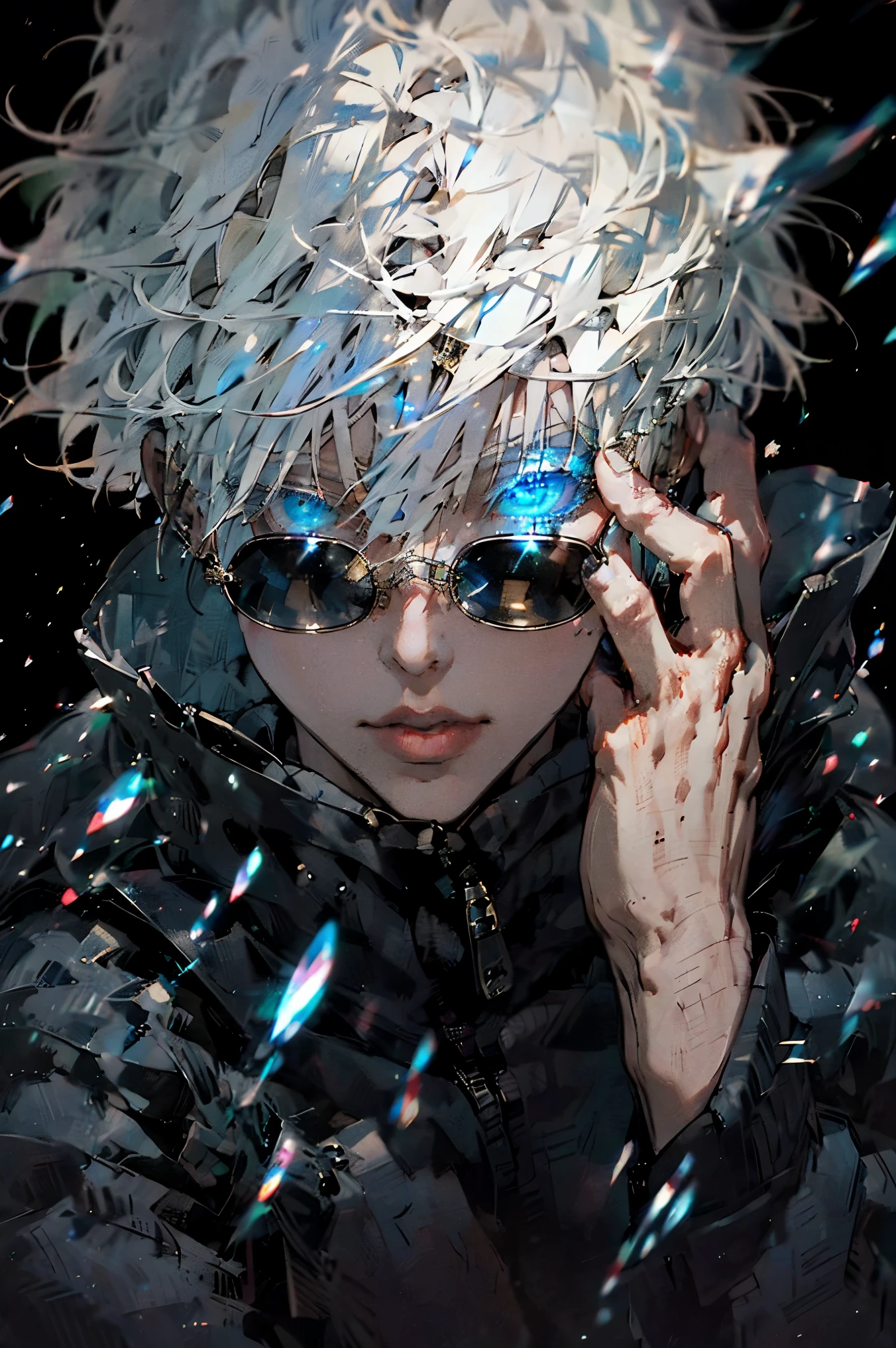 1 boy, rimlight,on fe_in_screen,masterpiece,Best Quality,soloGojo Sinoru,Most detailed.sunglasses,shining eyes,white hair,