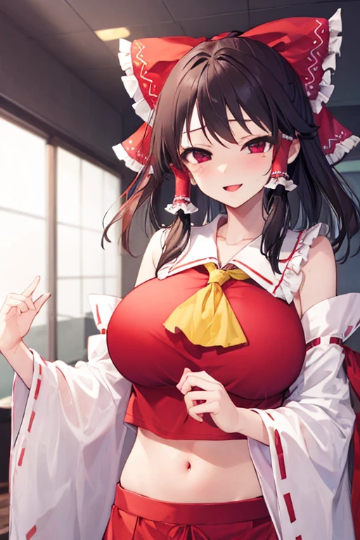 Erotic Anime Illustration、highest quality、smile、A voluptuous married shrine maiden who shows off her sexual charm、A sense of guilt、Adultery、Eclipse Mask、Shrine festival、Reimu Hakurei、Perfect proportions、Very large breasts、Showing off cleavage、Clear eyes、Showing off pussy、Blushing、Sweaty、Cowboy Shot
