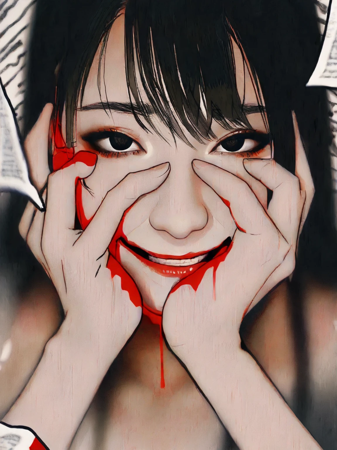 A teenage girl is bent down, her face twisted into a terrifying smile. Blood splatters across her cheeks, and in her hand, she grips a knife tightly, manga style, black and white