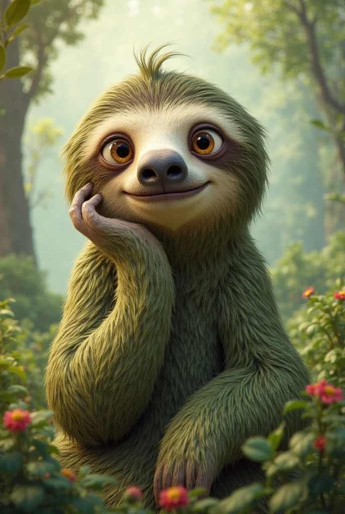 A picture of the character Sid from Ice Age and he puts his hand on his cheek and thinks 