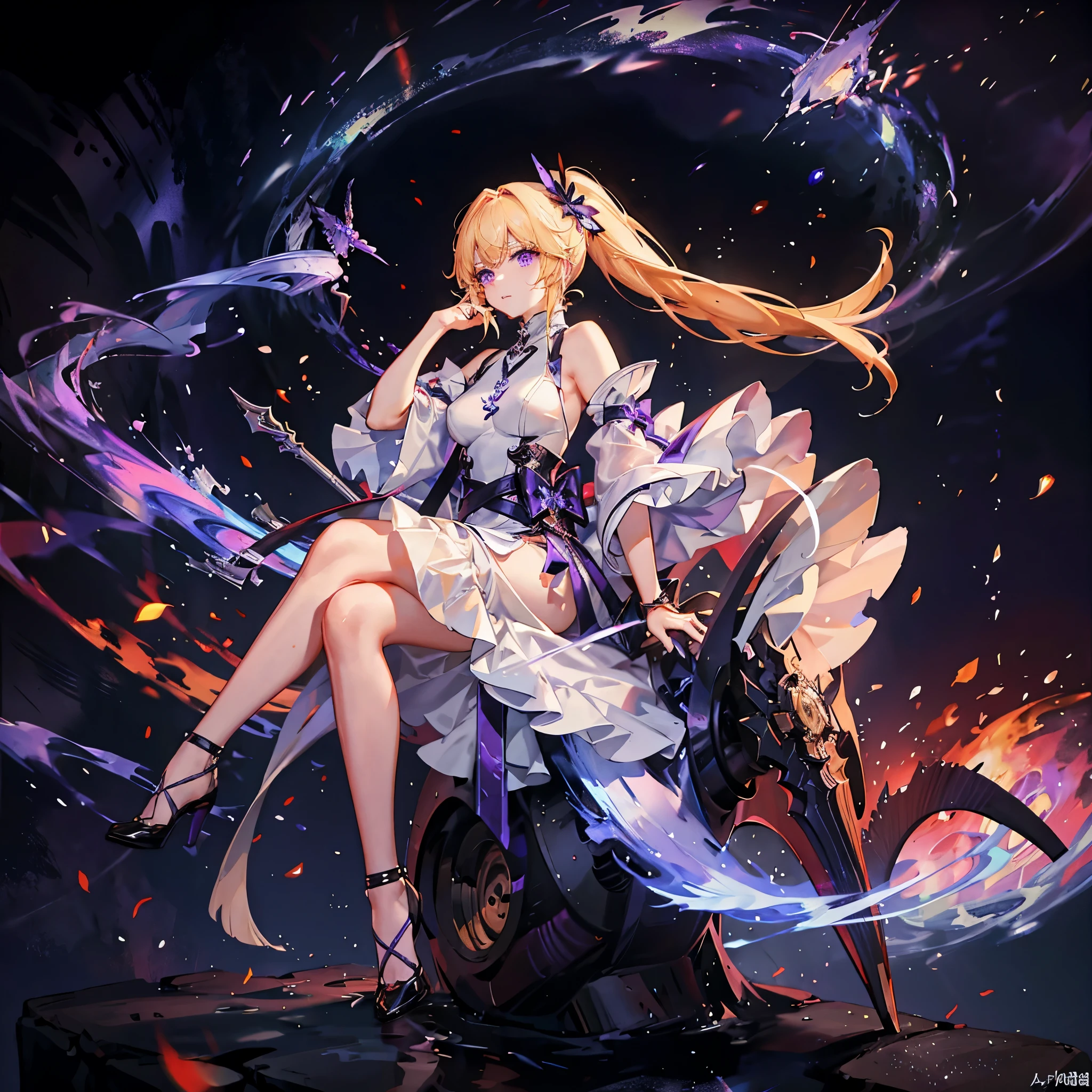 Alone、blond side long ponytail wrapped in gentle flames、 purple eyes、white rubber battle long dress、Wrapped in gentle flames