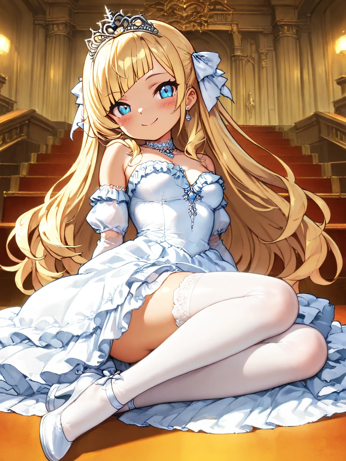 ((Highest quality)), ((masterpiece)), (be familiar with), Perfect Face, Big eyes, Drooping eyes, eyelash, The sparkling light of the eyes, platinum blonde twin drill hair, (wedding dress), (lolita fashion), white fishnet tights, White garter belt, white high heels, tiara veil, white gloves, (mini skirt lift), (intricate detailed white satin panties), shy smile, medium breasts, smile, closed mouth, whole body