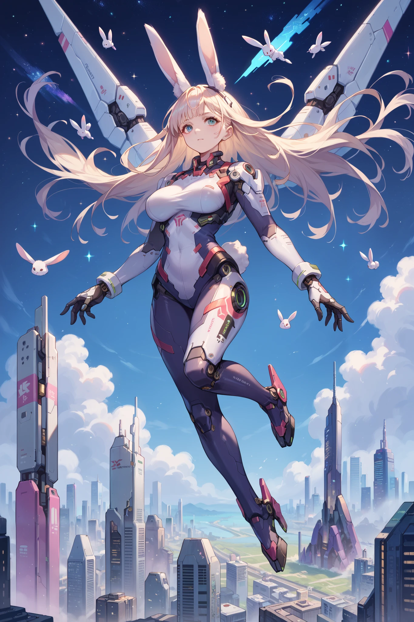 Japanese anime, long hair,alone,Mecha Girl, Big breasts, bodysuit, mechanical parts , ((flying in the starry sky)),( masterpiece, best quality),sci-fi,Cyberpunk, cityscape, neon, Rabbit ears, bodysuit