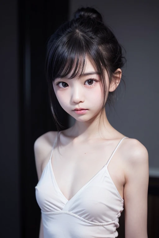 
(masterpiece, highest quality:1.4), award-winning portraits, 8K, 85mm, alone, beautiful face, delicate girl, violaces, gardenia, grace, Sophisticated, cute, , looking at the viewer, 15 yw photo, disorganized, HDR, sharp focus, background bokeh、(((flat 、thin and delicate body、A childish atmosphere、basement)))、Her shiny semi-long hair is tied up、swaying hair、Mole on the left cheek、large, round, dark blue eyes、full body、random pose、Junior idol、Nogizaka Idol、mole under eye、sexy、naked、topless