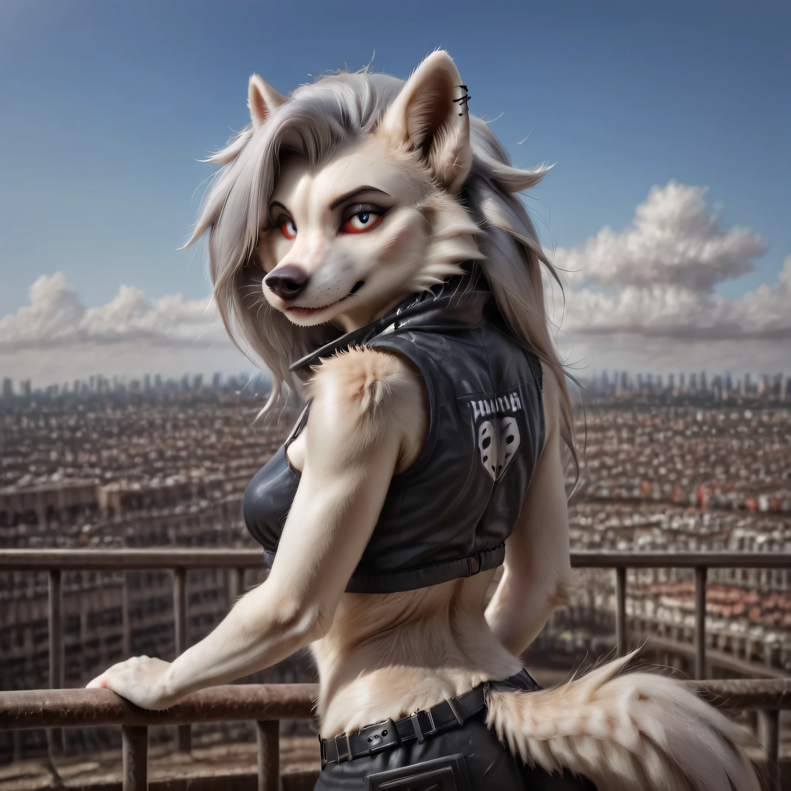 rear view, Loona, furry female, tomboy, looking at viewer, half-closed eyes, detailed eyes, whiskers, medium breasts covered, wearing sleeveless spacejacket and velvet bra, bionic implants, utility belt and belt, fluffy tail, detailed fur, realistic fur, leaning against railing, photorealistic, detailed background, theme science fiction, deus_ex,