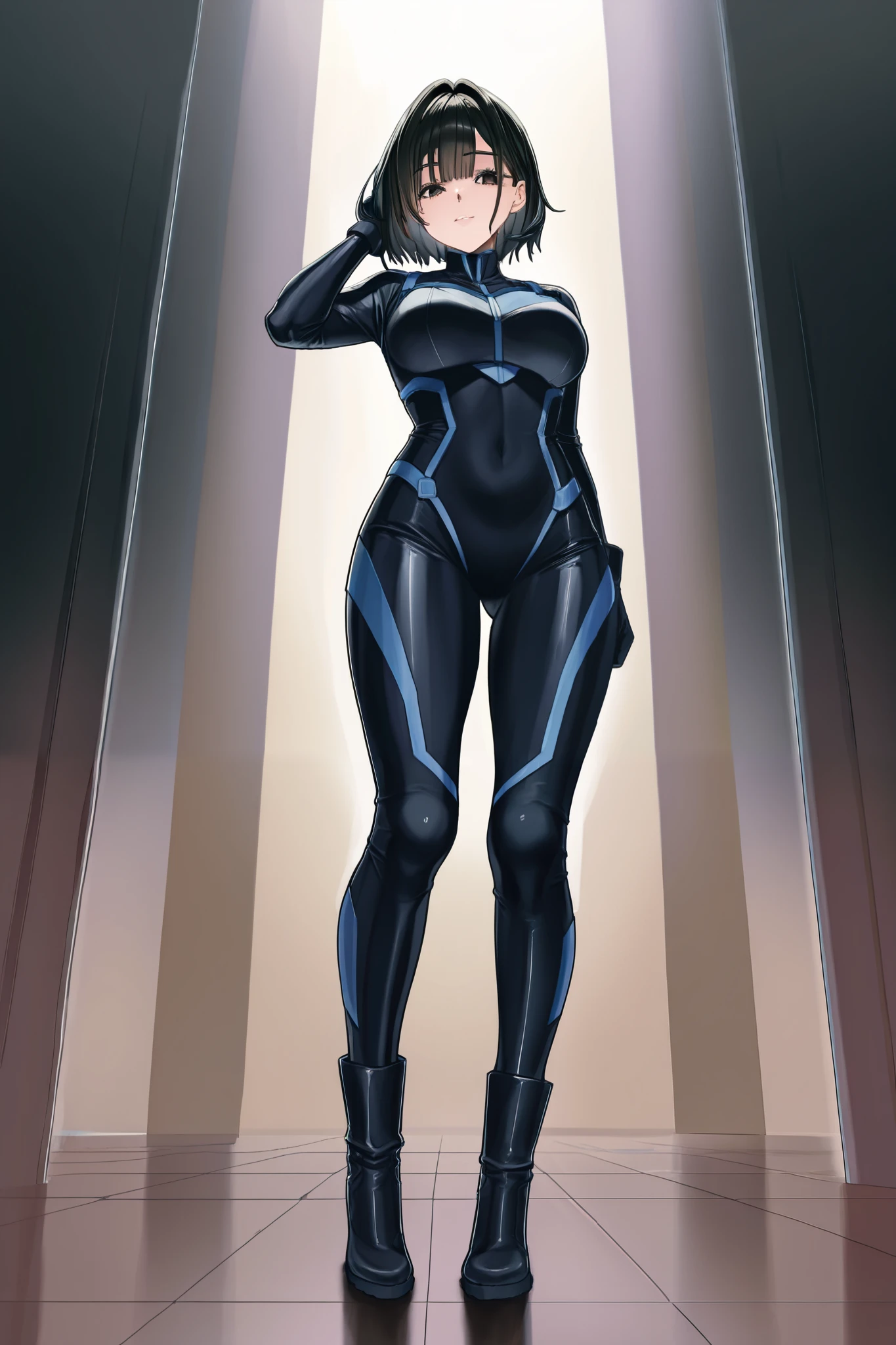 adult woman、 black hair、 long、White、rider suit、Hi-Reg、cyber、 standing、front、no highlights、looking down at viewer、 beautiful feet、no expression、 dark、Villain、Blue Line、is tall、adults、aldult、boots、thighs、feetコキ、Looking Down、Step on、feet、