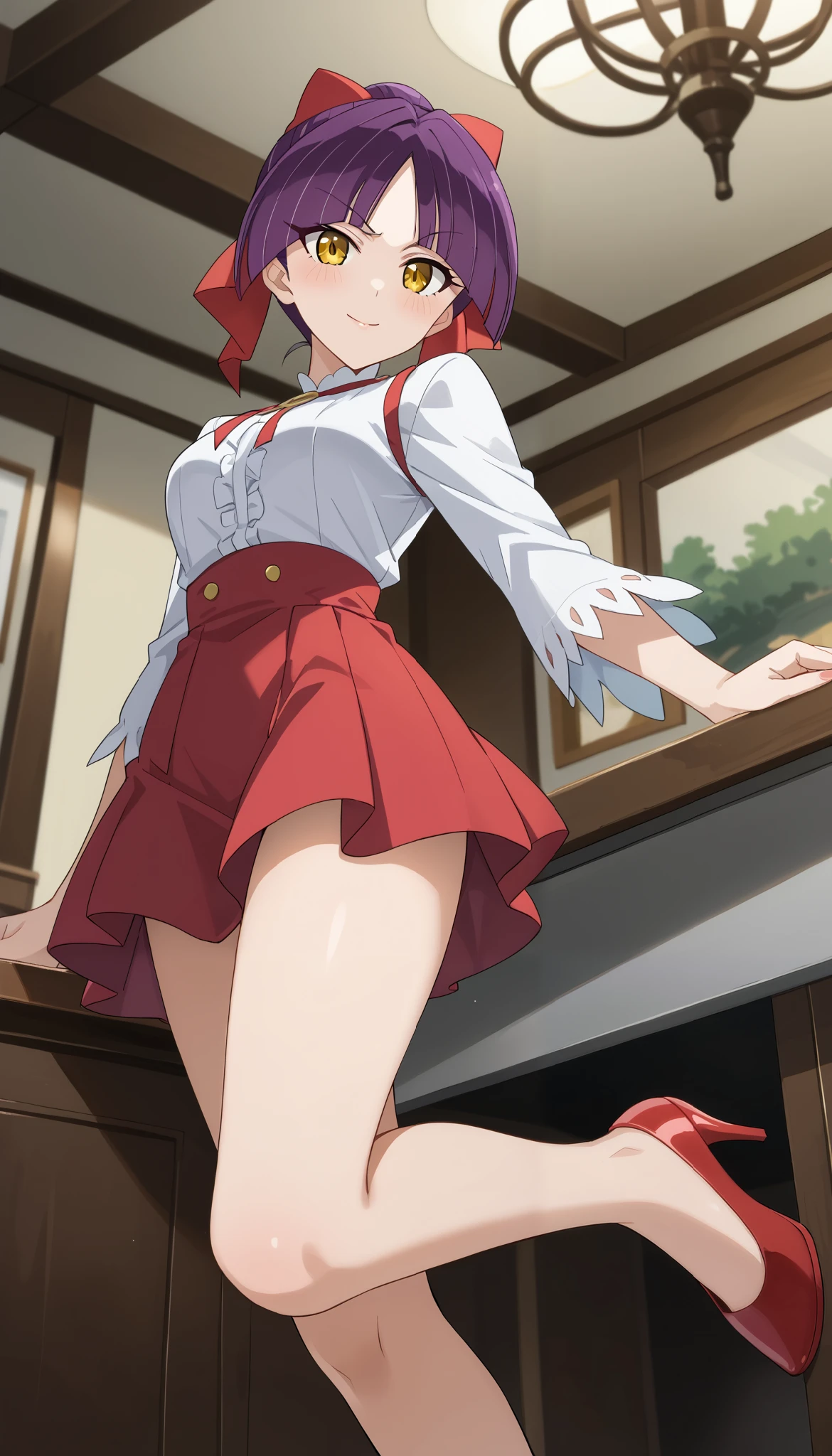 (((nekomusume [6th] (Gegege no Kitaro) ))),Big Eyes、((low angle))、(interior)、 orbital space、yellow eyes、Ulchan-6500-v1.1, ( RAW photos :1.2), beautiful detailed, very detailedな目 美しい目, beautiful eyes、 file size is large, high resolution, very detailed, best quality, [masterpiece:1.6], Awareness-raising, very detailed, CG, finely, best quality, 8K wallpaper, perfect figure,【sexual excitement:1.6】、dynamic、very detailed、 purple hair 、red skirt、Slim and beautiful thighs、Bare legs、red high heels