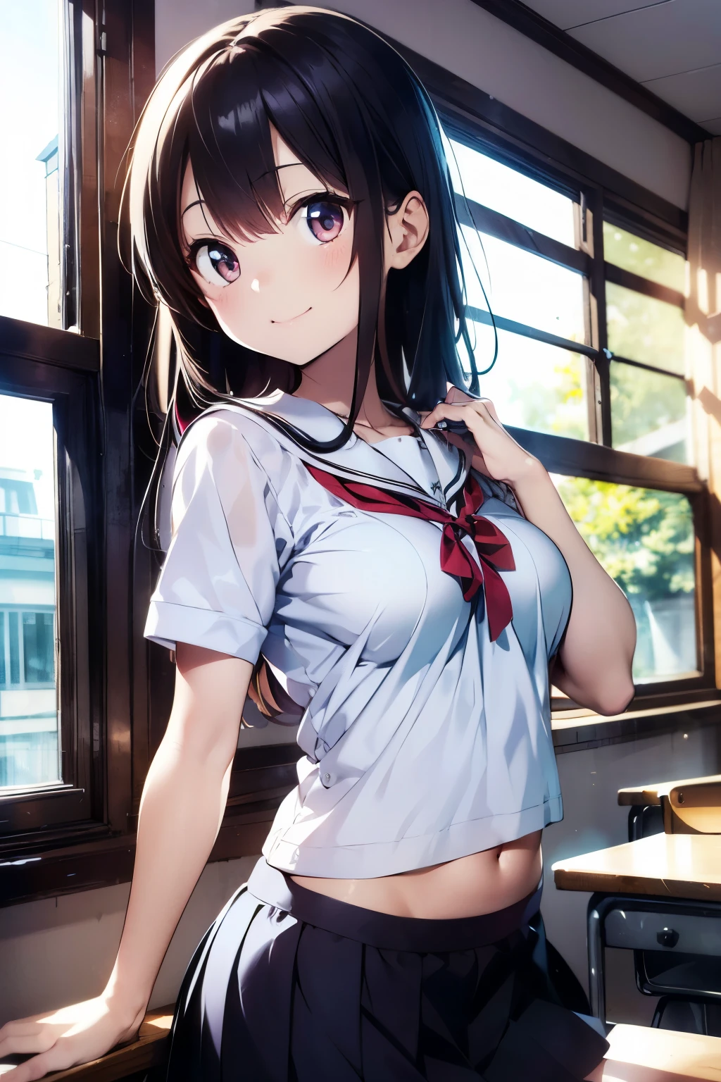 sister, wearing school uniform, wet and bra see-through, 8K, best quality, , looking at camera, red cheeks, embarrassed, delicate hands, own room, fond brother, tsundere