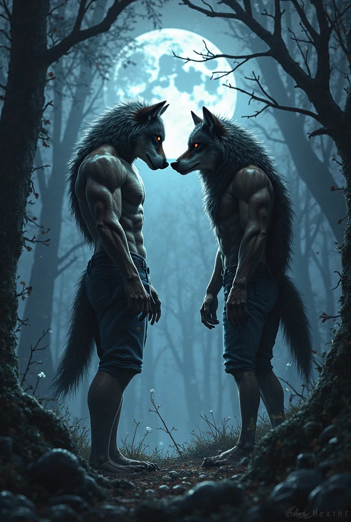 (Detailed description of Lobo, a muscular and furry anthropomorphic wolf:)
Lobo, a rugged and powerful middle-aged wolf with a muscular build, gazes up at the silvery Full Moon with unyielding fascination. His piercing aqua blue eyes gleam in the night, mirroring the ethereal brilliance of Luna. The delicate fur on his face, a mix of light and dark hues, is matted down slightly as he tilts his head, exposing his distinguished black beard. His expression is one of quiet admiration, a slight smile gracing his expressive lips. His form-fitting blue pants and white shirt cling
