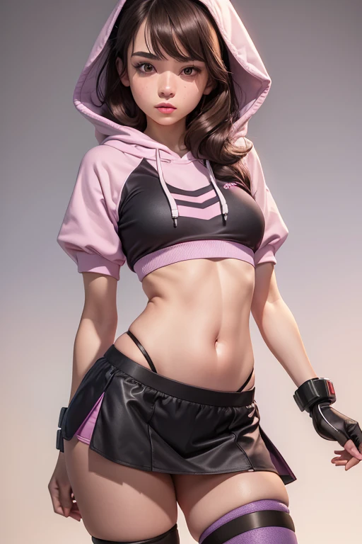 German girl with brown hair up in a ponytail. She's wearing a very revealing outfit, a high cut black crop top that has been pulled above her tits, revealing her pert freckled breasts with a pink fabric jacket worn over, and unbuttoned short shorts that show her pink underwear just a bit. (slightly realistic, great anatomy, amazing anatomy, softcore, nudity..)