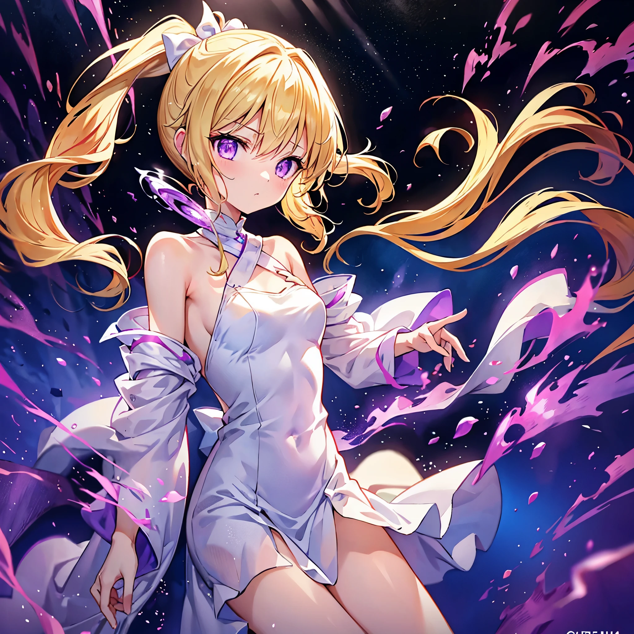 Alone、blond side long ponytail wrapped in gentle flames、 purple eyes、white rubber battle long dress、Wrapped in gentle flames