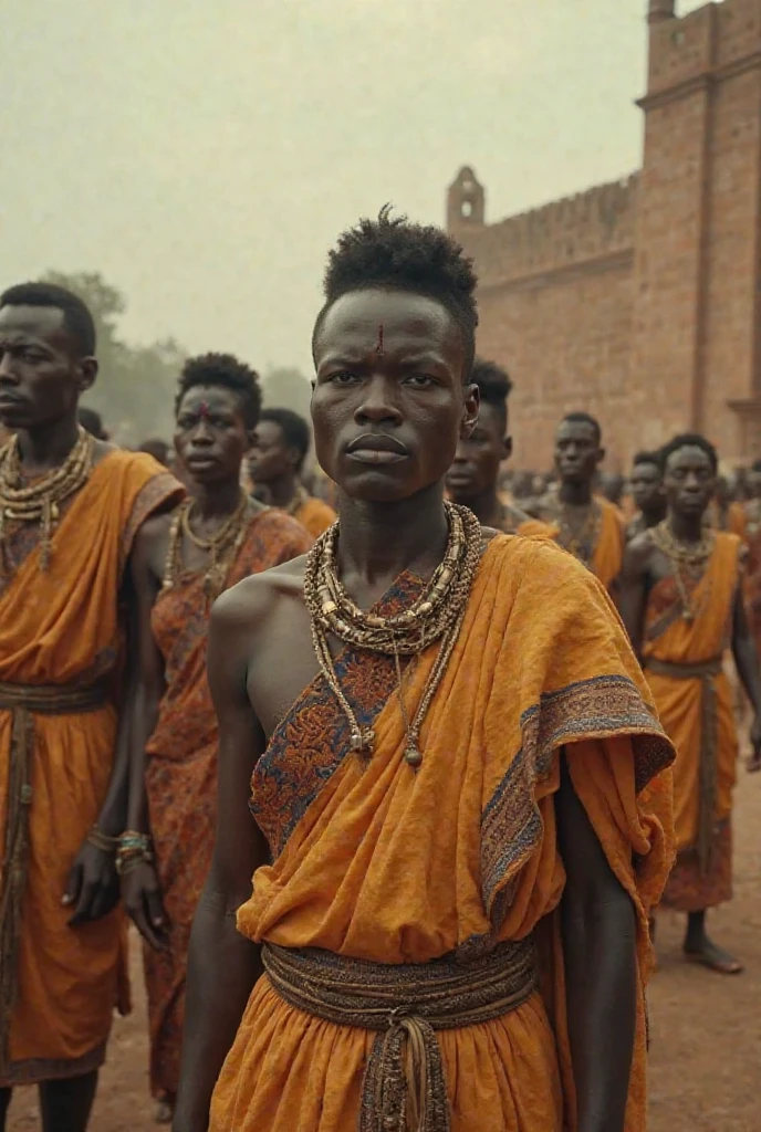 African village rich person greedy with alot of money while villagers are crying behing