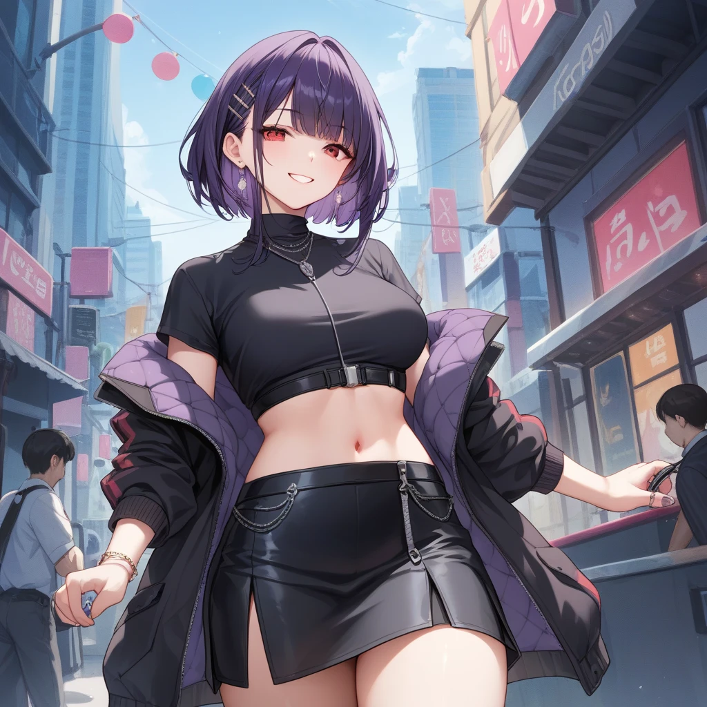 (((masterpiece, highest quality:1.3))),cowboy shot,20 year old beauty,female soldier, ((Navy officer in black uniform、Cropped jacket、navel、Black tight mini skirt)),solo,(very small head),dark purple hair,short bob hair,blunt bangs,purple eyes,blush,smile,medium breasts,(very long body,slender body),skinny,gleaming skin,oily skin,sweat,standing,at night、Moonlight shining in、taisho steampunk、Tokyo in the Taisho era、