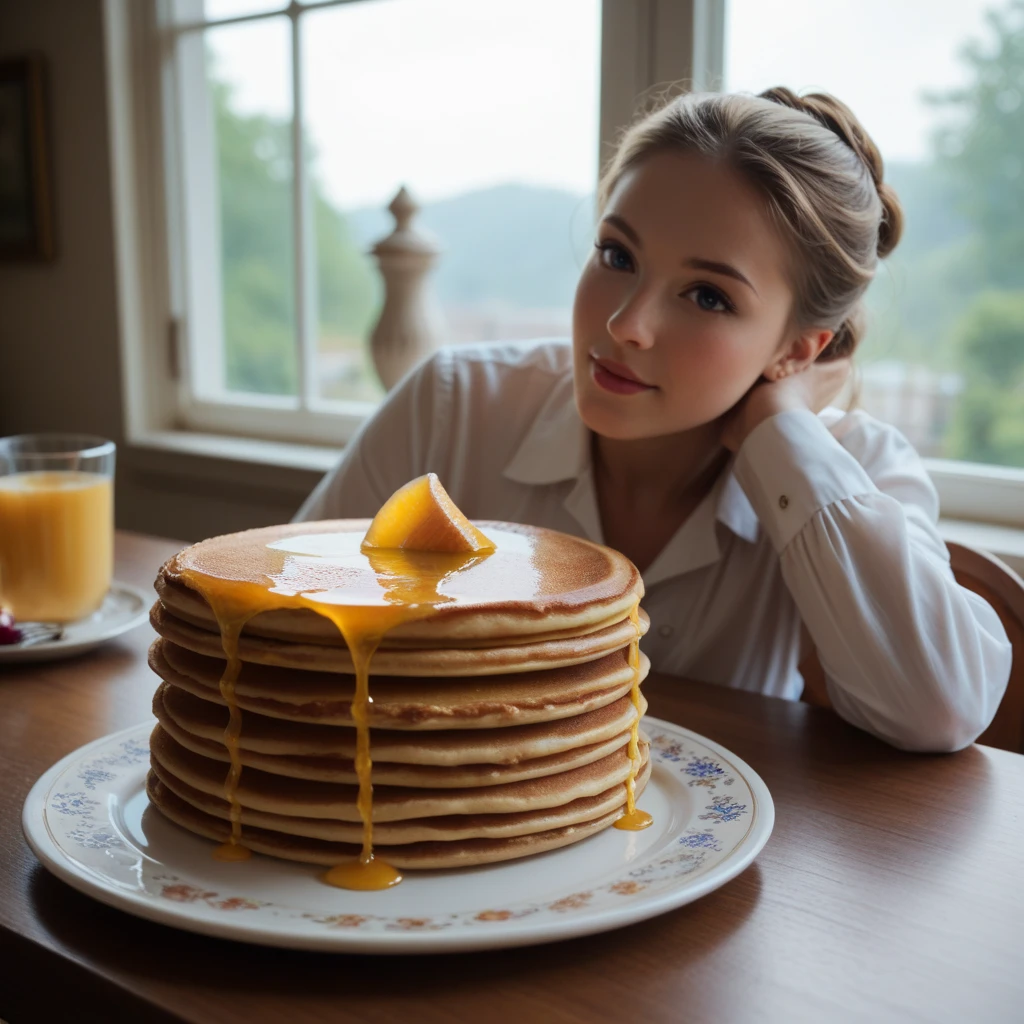 Sabrina Carpenter, having breakfast, designer clothes, cleavage