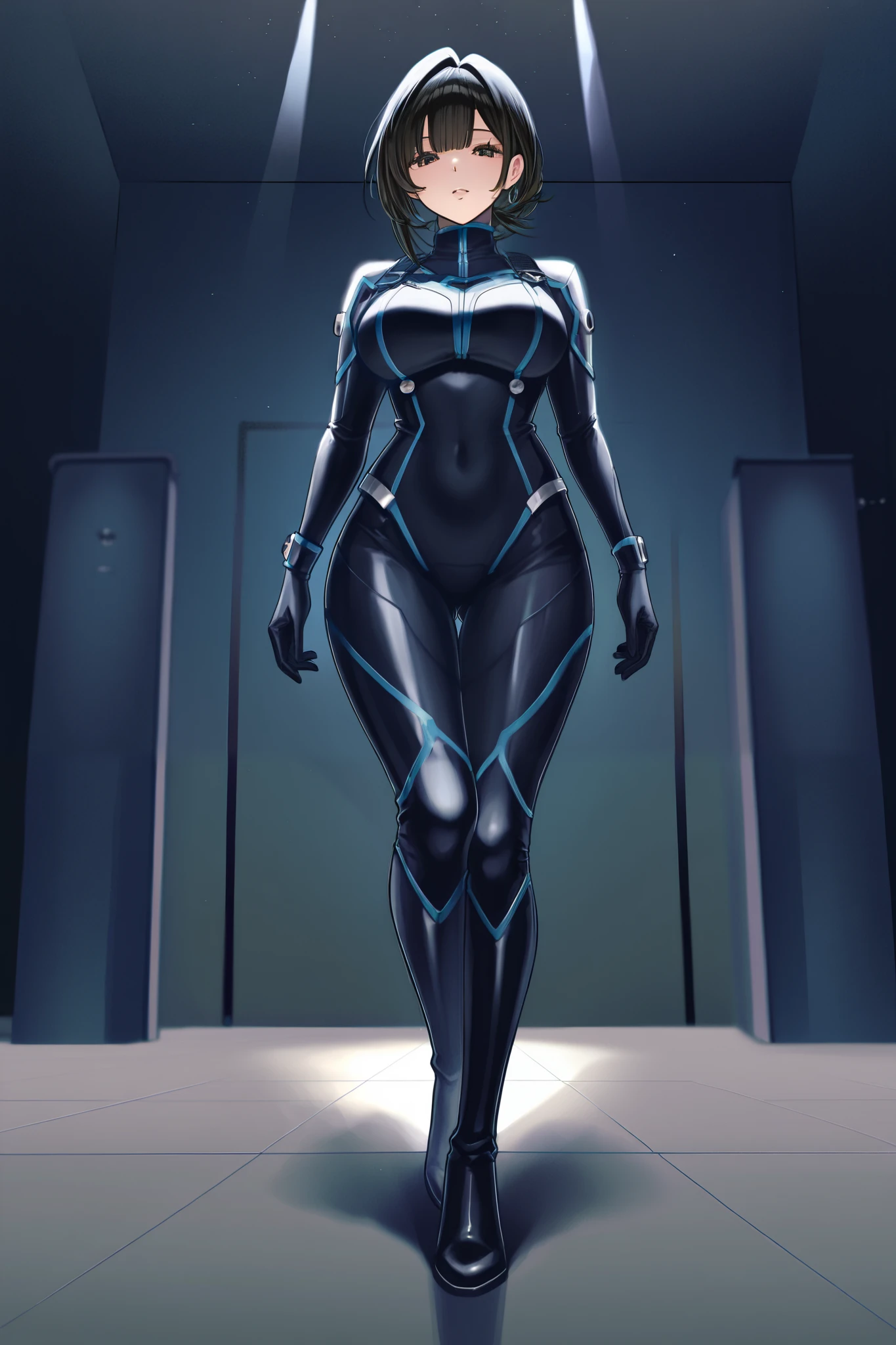 adult woman、 black hair、 long、White、rider suit、Hi-Reg、cyber、 standing、front、no highlights、looking down at viewer、 beautiful feet、no expression、 dark、Villain、Blue Line、is tall、adults、aldult、boots、thighs、feetコキ、Looking Down、Step on、feet、