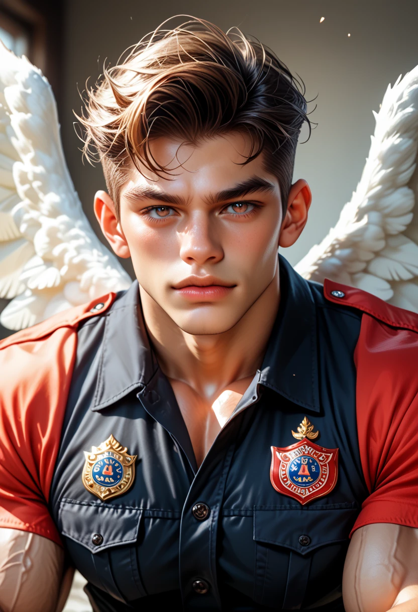 A handsome sexy guy, bangs, square and small jawline, extremely small face compared to the wide body, wearing sexy clothes, sexy uniform, firefighter, firefighter suit, angel wings, supernatural, big muscle prominent chest. The image shows a cute young man with an extremely muscular and well-defined physique lying in a place with flames, provocative face, emphasizing his abs, exaggerate huge chest, extremely wide shoulders, and arm much bigger than head. score_9, score_8_up, score_7_up, score_6_up, score_5_up, score_4_up, source_anime, score_9, score_8_up, score_8, cute 1boy, muscular_male, handsome boy with a beautiful cute face, detailed male clothing, Extremely muscular male body, huge muscle handsome boy, male biceps much bigger than face, detailed background. muscular build prominently displayed, emphasizing his defined upper body.
