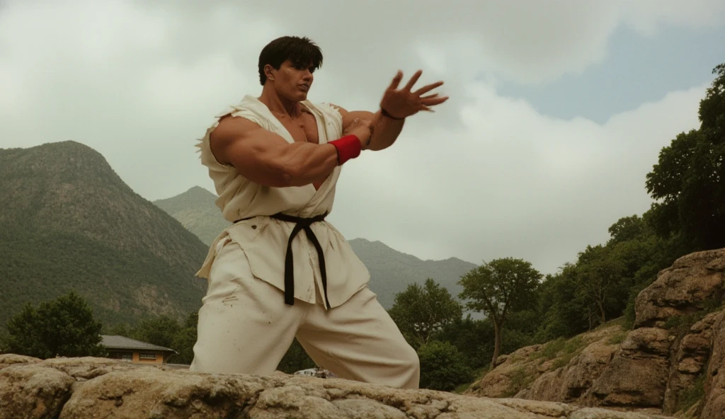 Angry man, with fury, punching the ground, screaming with voice, stained with blood on the long white robes.