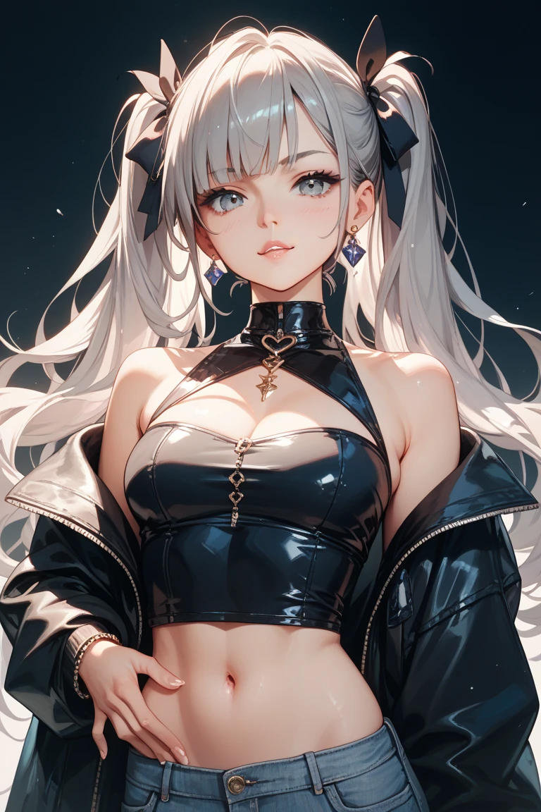 best quality,close up shot,attractive, from below, from under, sexy,vampire woman,vampire fangs,top half of body,cleavage,chin from under, chin up, angle,red lipstick,sharp fangs,pale skin,intense gaze,detailed eyes, short hair ,white wavy hair,voluminous curls, underboob, view from below, dark background,seductive expression, piercings,alluring,enchanted,gothic beauty,piercing eyes,dramatic lighting,stunning,vampiric charm,provocative,tempting,mesmerizing look,alluring smile,glamorous, mysterious,vivid colors,erotic,powerful presence,tantalizing,enchanted,dark romance,spellbinding, seductive silhouette,exquisite,dramatic shadows,eye-catching,artistic masterpiece:1.2,highres,HDR, from under, blushing, 1 colour background. monocrome background,