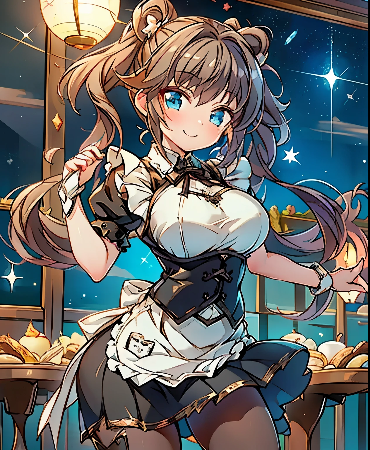 ( masterpiece、 best quality、 best quality、Official Art、 beautiful and beautiful :1.2)、(one girl:1.3) ,、Twin Tails, beautiful breasts,((kind smile)), (cowboy shooting), ((maid costume, apron, skirt, pantyhose)), ((sparkling costume decorated with stars)), Skin Dentation, break, skinny, alone, Alone, masterpiece, best quality, best quality, 16k, very absurd, very detailed, 2.5D, AI-generated, Delicate and Dynamic, very delicate expression , delicate eye description, ((cute and gentle face)), healthy body, ((1 female)), Height: 160cm, medium firm swaying bust, ((medium chest)), medium firm swaying bust, ((medium chest)), ((thin thighs)), shiny, facing the viewer, ((Dutch angle in the house)), (dynamic pose), (((random pose))), (()), Old coffee shop. Inside the store, table, , (()), in gold, table, tableの上にはたくさんのパンケーキがあります, eats pancakes,