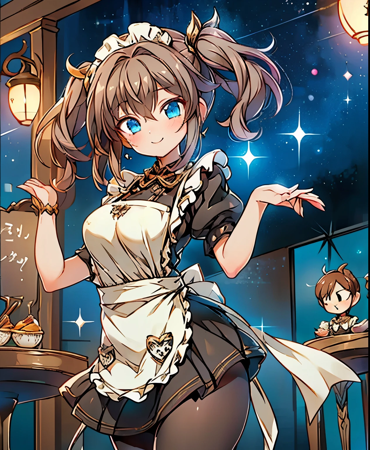 ( masterpiece、 best quality、 best quality、Official Art、 beautiful and beautiful :1.2)、(one girl:1.3) ,、Twin Tails, beautiful breasts,((kind smile)), (cowboy shooting), ((maid costume, apron, skirt, pantyhose)), ((sparkling costume decorated with stars)), Skin Dentation, break, skinny, alone, Alone, masterpiece, best quality, best quality, 16k, very absurd, very detailed, 2.5D, AI-generated, Delicate and Dynamic, very delicate expression , delicate eye description, ((cute and gentle face)), healthy body, ((1 female)), Height: 160cm, medium firm swaying bust, ((medium breasts)), medium firm swaying bust, ((medium breasts)), ((thin thighs)), shiny, facing the viewer, ((Dutch angle in the house)), (dynamic pose), (((random pose))), (()), Old coffee shop. Inside the store, table, , (()), in gold, table, tableの上にはたくさんのパンケーキがあります, eats pancakes,