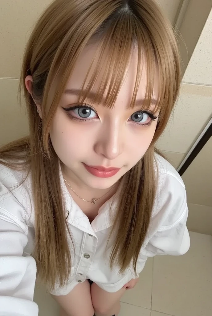best quality, masterpiece,white hair, gold eyes,white clothes, looking up, upper body,hair strand,Fair skin,side braids