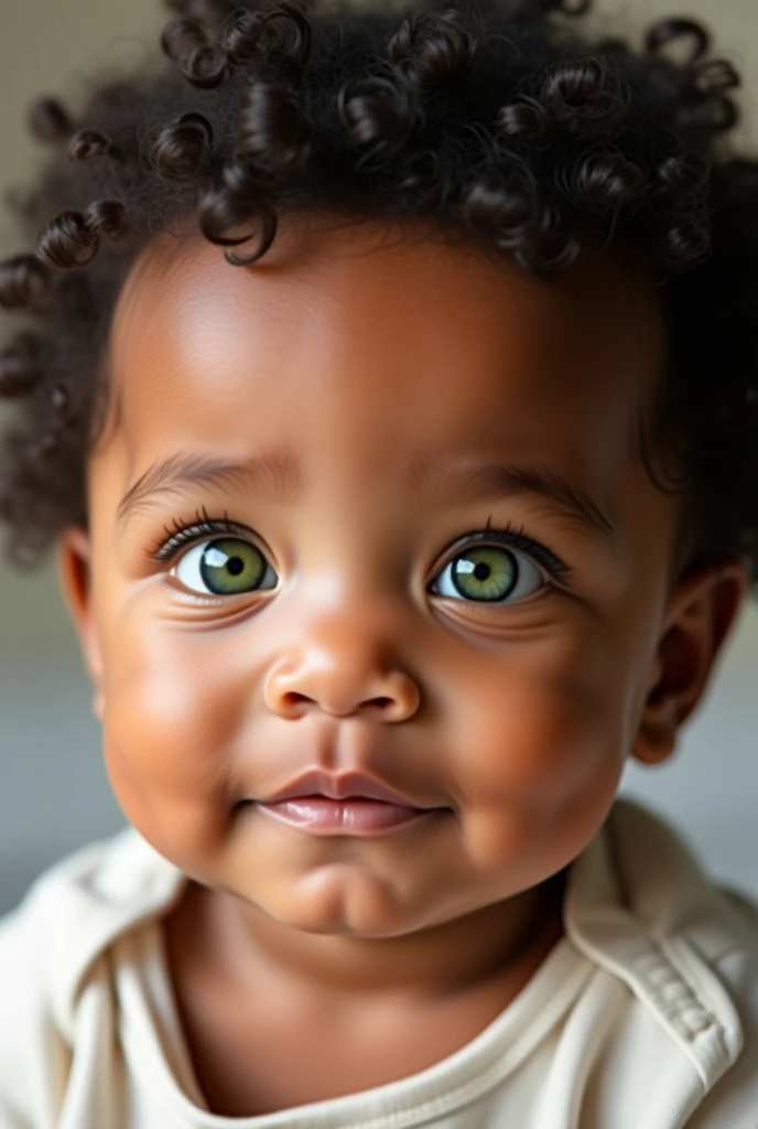 A hispanic baby girl, , tanned skin, long curly brown hair, Green eyes.