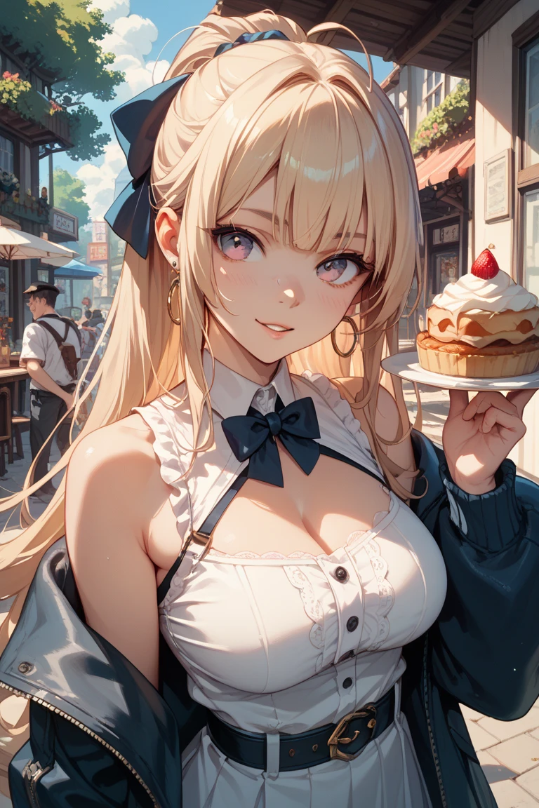 (looking down on the audience:1.3),(from side:0.9), ((Face)), (Close-Up:0.4), ((looking at viewer, holding a cake)),highest quality、(real、photorealistic:1.4),(ultra high resolution, 8K RAW photo, clear focus), best qualtiy, natural lighting, field depth, (Bright pupils, detailed beautiful eyes, high detailed face), Red lip, (tight focus:1.2, from below), sexy posing, seductive weak smiling, Looking at Viewer,