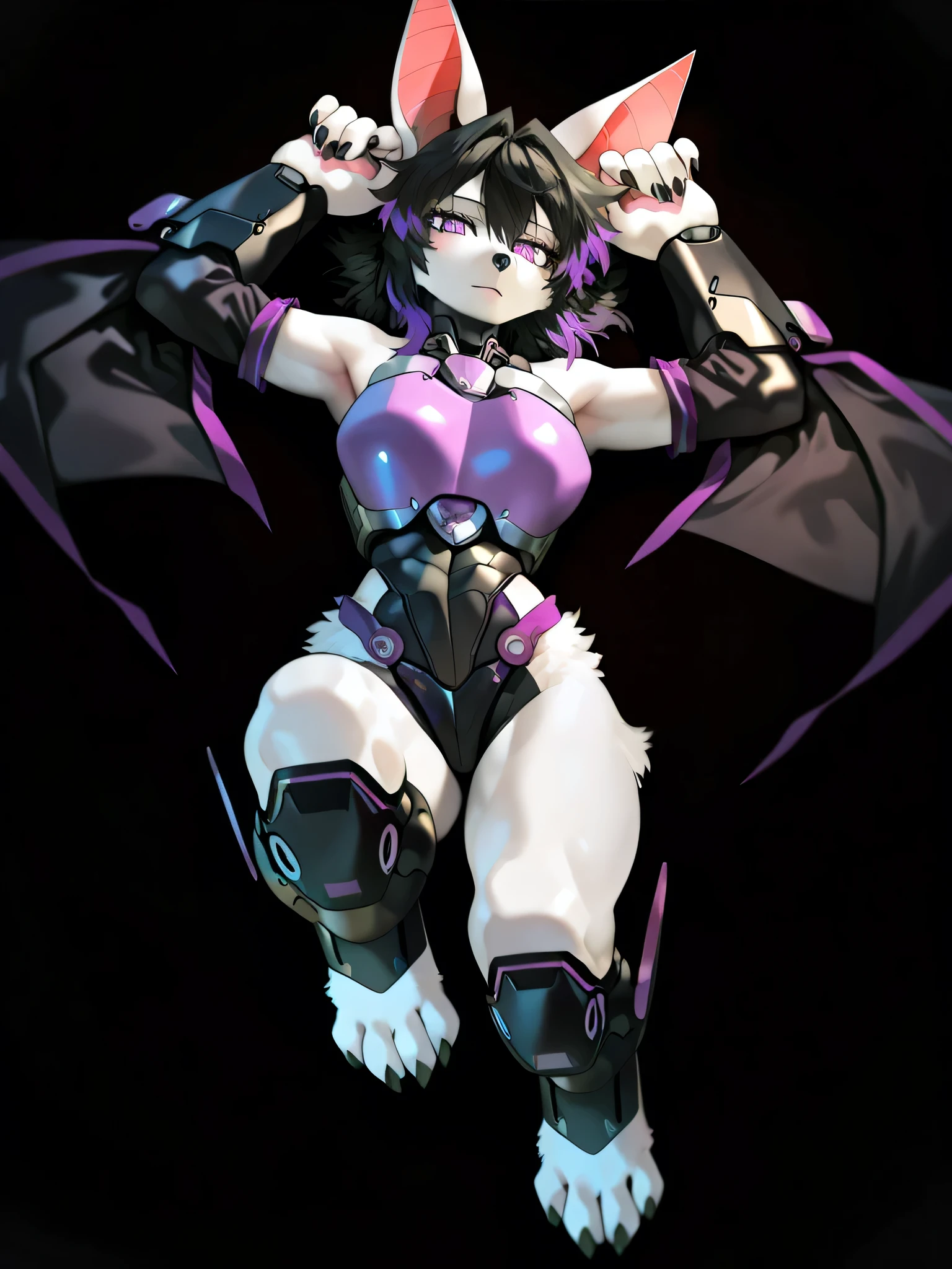 masterpiece, best quality, anime shading, full body picture, athletic body type, centered, three quarter view, 1girl, ((single view)), ((alone)), anthro, furry, fox female, ((white fox)), ((bat ears:1.5)), purple eyes, white fur, white skin, ((shoulder length black hair with purple highlights)), ((laying on back, looking up at viewer)), ((calm expression)), tall with large breasts, ((bare shoulders)), white paws, black claws, black nose, digitigrade legs, digitigrade paws, big foot paws, ((wearing black mecha armor with purple trim)), ((cybernetic chest armor)), ((solid black background)), score_9_up, score_8_up, score_7_up, score_6_up, score_5_up, score_4_up, ((safe content)), ((safe for work))