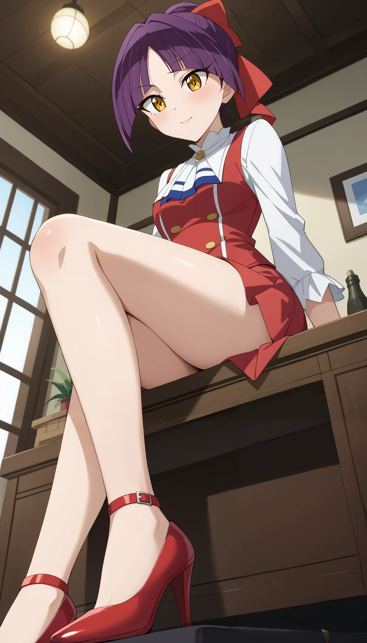(((nekomusume [6th] (Gegege no Kitaro) ))),Big Eyes、((low angle))、(interior)、 orbital space、yellow eyes、Ulchan-6500-v1.1, ( RAW photos :1.2), beautiful detailed, very detailedな目 美しい目, beautiful eyes、 file size is large, high resolution, very detailed, best quality, [masterpiece:1.6], Awareness-raising, very detailed, CG, finely, best quality, 8K wallpaper, perfect figure,【sexual excitement:1.6】、dynamic、very detailed、 purple hair 、red skirt、Slim and beautiful thighs、Bare legs、red high heels