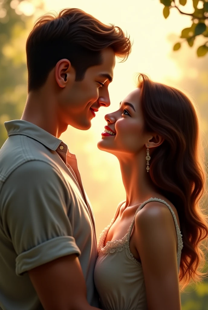 Close-Up of Face, Sweet gaze of lovers: A pair of lovers sit face to face, their eyes facing each other, their eyes filled with love and happiness, their lips adorned with sweet smiles, and the air filled with a romantic atmosphere, (masterpiece, best quality, Professional, perfect composition, very aesthetic, absurdres, ultra-detailed, intricate details:1.3)