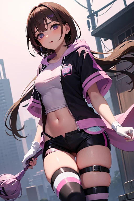 ((Masterpiece)), best quality, absurderes, ultra detailed, holographic, cowboy shot, golden ratio, super cute girl, mature girl, idol girl, super beautiful asian girl with very beautiful violet glowing eyes, beautiful glowing brown multicolored hair, high ponytail, nice and sexy body, slim body, perfect body, an anime printed super tight off shoulder long sleeve crop top, a super aesthetic transparent mini jacket, beautiful hair ornament, pink jordan tennis, being photographed in a mall shop,( undressing, showing neon pink panties, showing thong: 1.5)