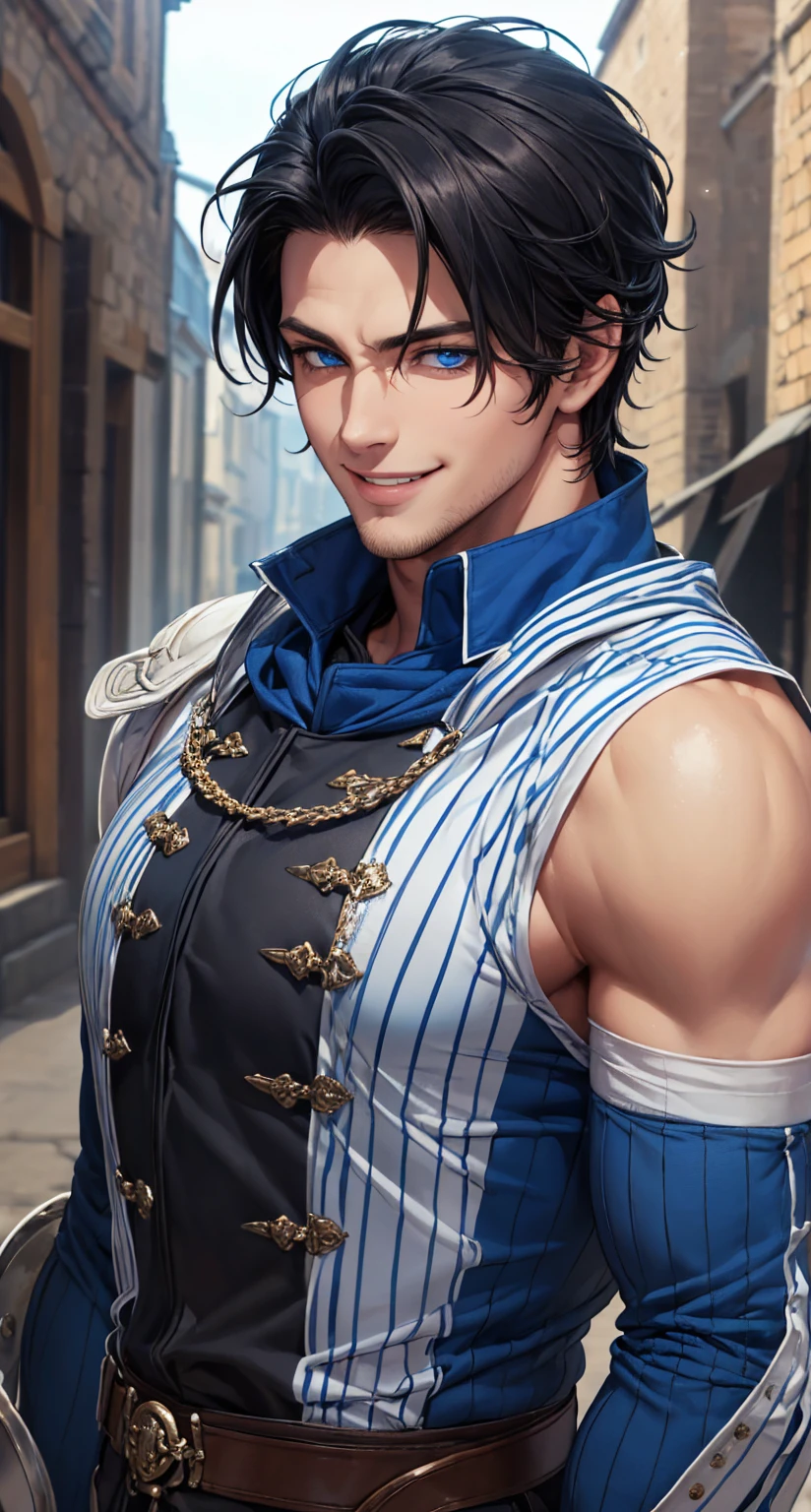 realism, highest quality, dungeon, 1boy, upper body, looking at viewer, frown, arms crossed, <lora:BalthusFE3H-bsinky-v1:0.8> balthusFE3H, open clothes, jacket, gloves