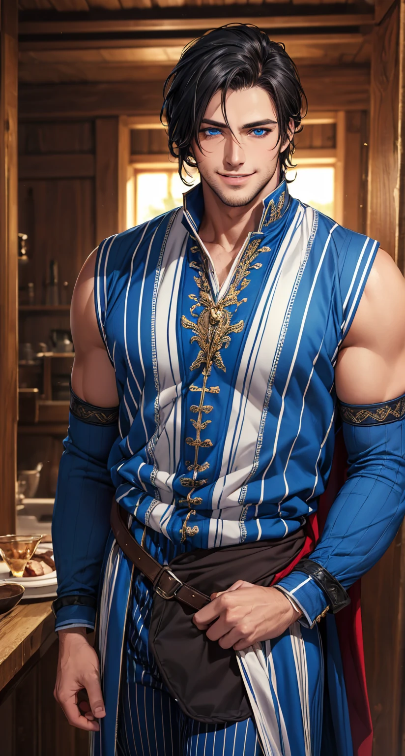 masterpiece, top quality, 1 man, man, nioh standing, turquoise brown hair, gray blue eyes, forked hair, short hair, long bangs, ponytail, handsome, handsome, masculine, gentle, tall, quiet, light blue trousers, prince. Sword. Japanese. Sit-up. Upper body bare skin. Sunset.