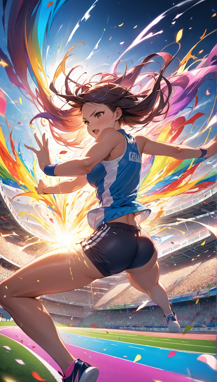 ultra highres, best quality, ultra quality, masterpiece:1.3, highly detailed, HDR, 8K, RAW, Photorealistic, Unique, looking at viewer, athletic pose, realistic facial expression, detailed skin texture, two hands, two legs, 5 fingers per hands and feet, feet are separating, super detail beautiful face, super perfect anatomy, clear facial features, very cute, very beautiful, Japanese, fit athletic body, toned muscles, natural looking makeup, full body shot, cowboy shot, wide shot, Ray tracing, Physically-based rendering, professional lighting, photon mapping, radiosity, wearing sports uniform, dynamic action pose, energetic expression
