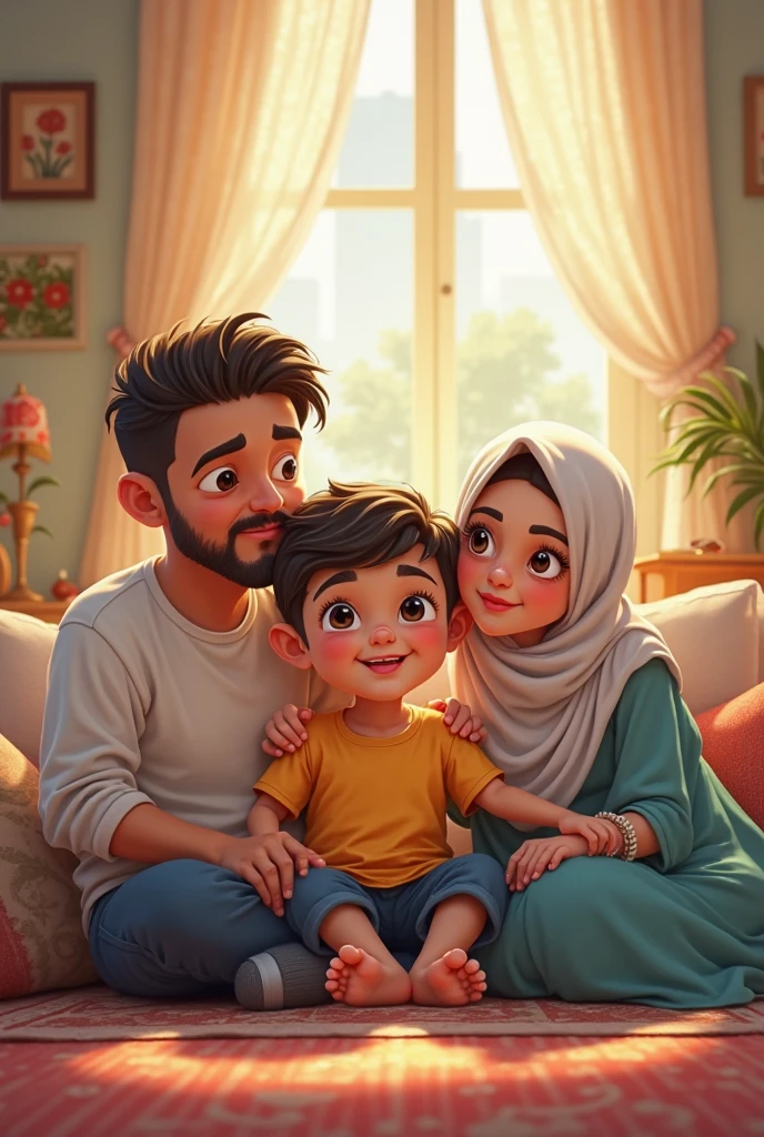 Cartoon malay man with glasses and beard together with hijab woman wearing glasses and son without glasses in mpv car