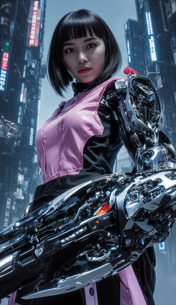 (8k, RAW photo, best quality, masterpiece:1.2), mecha, cyberpunk, ultra-detailed, 1 girl, cute, solo, beautiful detailed sky, detailed cafe, night, sitting, dating, (nose blush), (smile:1.1), (closed mouth), large breasts, seductive smile, large aparture, professional lighting, Sony A7R4, Zessie 50mm F1.8, medium breasts, beautiful detailed eyes, (collared shirt:1.1), bowtie, pleated skirt, (short hair:1.2), floating hair