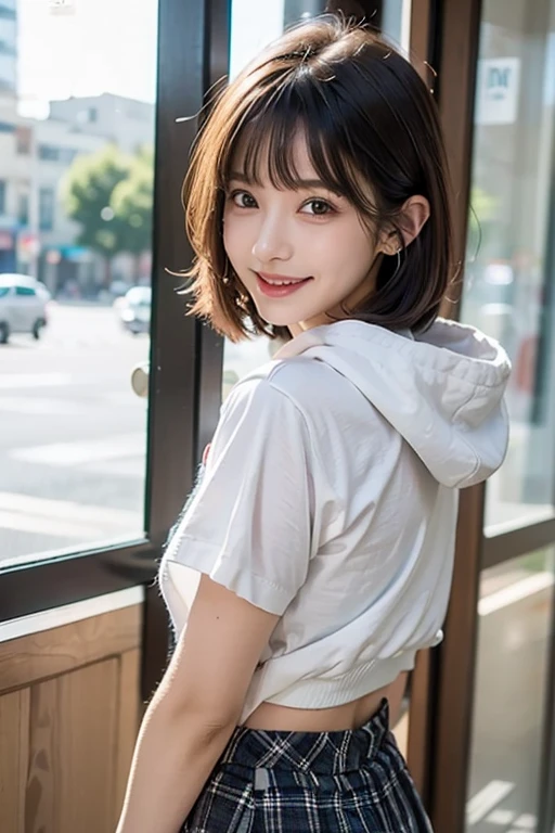 Best-quality, Masterpiece, Ultra-High-Resolution, (Photorealistic:1.4), Raw Photo, depth of field, professional lighting, perfect anatomy, extremely details, 1girl, Japanese idol, cowboy shot, extremely cute face, extremely beautiful and extremely big eyes, extremely beautiful short-cut-haired, extremely beautiful skins, realistic skin texture, extremely beautiful long-eyelashes, extremely beautiful lips, childish-body, upturned ass, extremely beautiful thighs, wearing hoodie and denim-shorts, looking at viewer, innocent smile