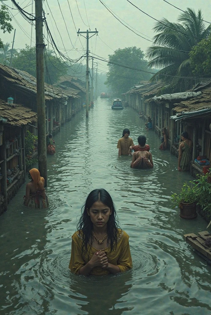 (photorealism:1.2), beautiful woman, sitting on side of Road, the road is full by Floating water in Bangladesh. Many People suffet from the water. Everyone is a bad sisuation in the water.
The water level is covered at the top of the body.