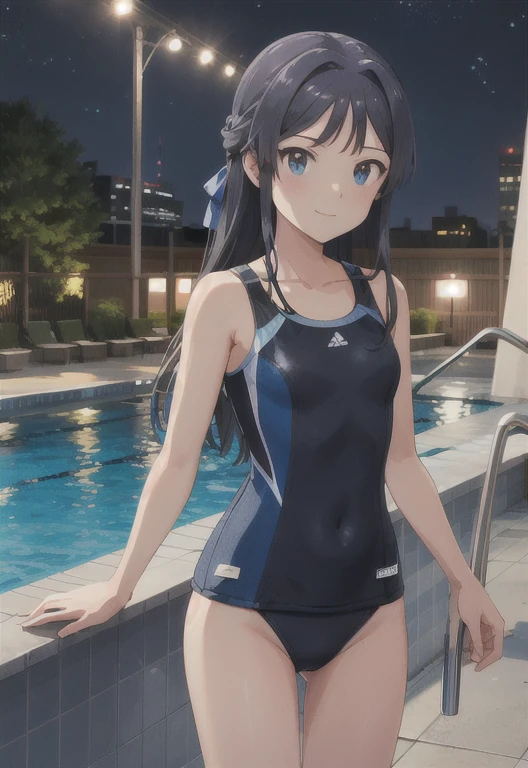 Super high quality by the art god, super detailed, High resolution, AI generated, anime moe art style, best anime 8K konachan wallpaper, pixiv contest winner, perfect anatomy, break,1 girl, (alone,lolita, , 13 years old:1.3),All limbs,full finger, Slender beauty, (very short hair), wet and messy hair, flat chest, small ass,small eyes,beautiful detailed black eyes,expressive eyes,between legs,blue school swimsuit, She stands by the pool,(detailed lighting), (detailed background), (school pool),break,super dense skin, Best lighting by famous artists, 8K, figure,UHD, rough skin