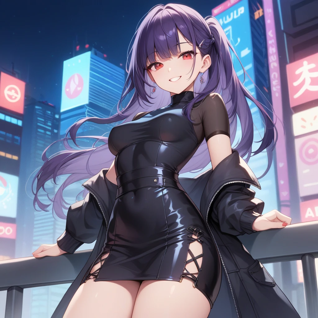 (young woman, thick hips, thick thighs, platform heels, high cut leotard, huge breast, thin waist, ponytails hair, pale skin,) (ten_years_old girl, high cut leotard, platform heels, big sister and little sister, front pose, Cyberpunk,