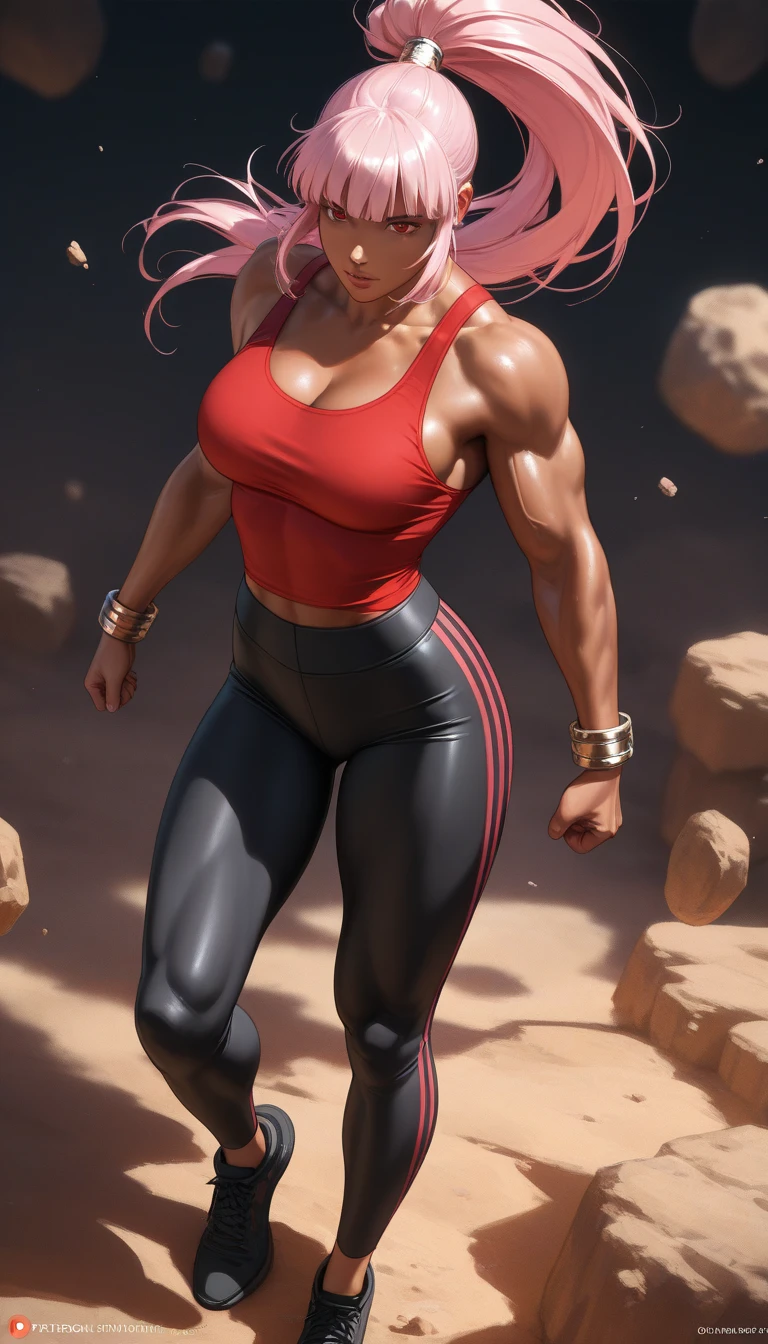(perfect anatomy), (sports body), (big breastes), (thick-thighs), (perfect arms), (tight tracksuit ), Pointed bracelets, looking a viewer, (Medium full-frame photography), (Background of the battle arena), (red dreadlocks)