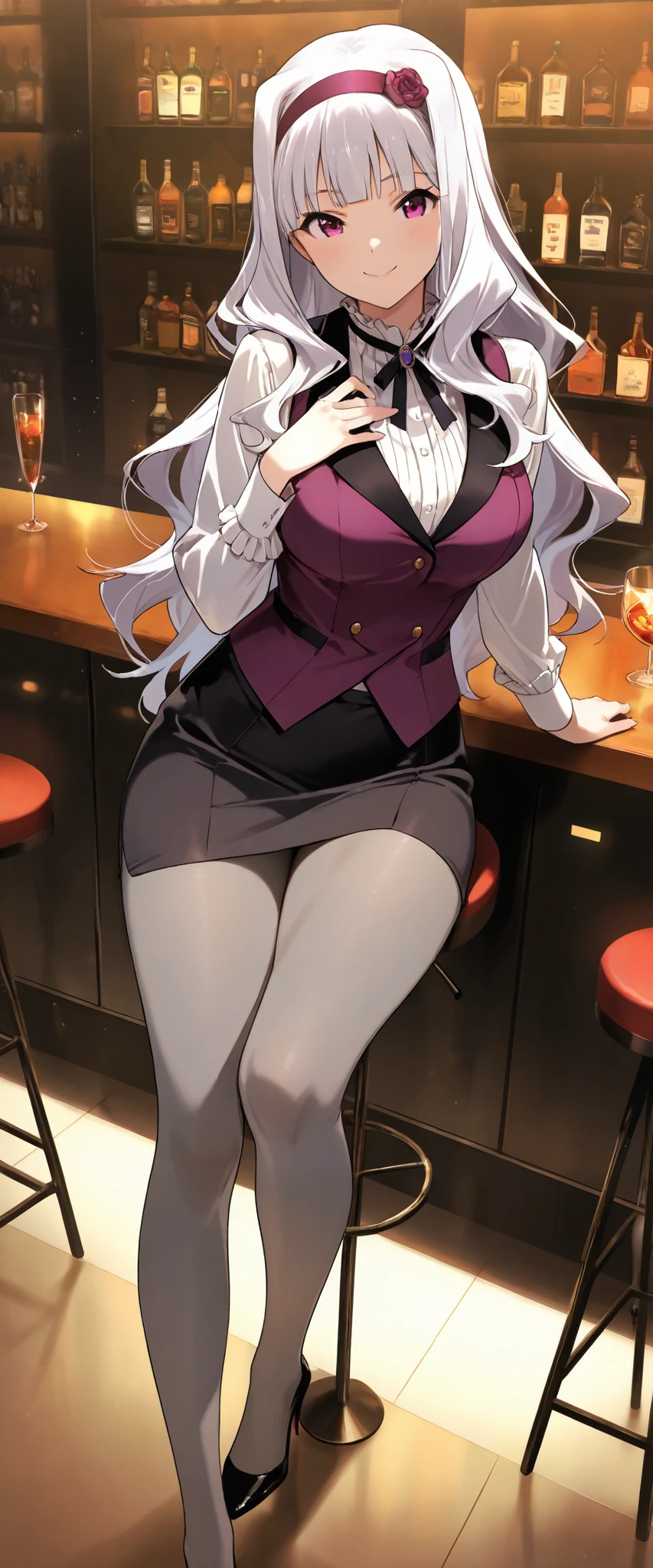 Absurd, High resolution, Super detailed, Emilia, Gray Hair, Purple eyes, Long Hair, Medium chest, Playboy Bunny, Bunny ears, Black Pantyhose, leotard, embarrassed, blush, View your viewers, Cowboy Shot, indoor, bar