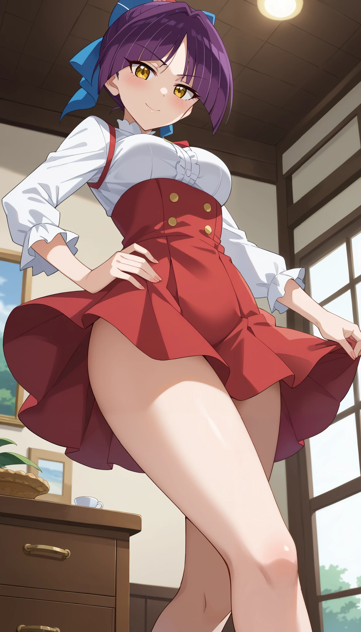 (((nekomusume [6th] (Gegege no Kitaro) )))、((low angle))、(interior)、 orbital space、yellow eyes、Ulchan-6500-v1.1, ( RAW photos :1.2), beautiful detailed, very detailedな目 美しい目, beautiful eyes、 file size is large, high resolution, very detailed, best quality, [masterpiece:1.6], Awareness-raising, very detailed, CG, finely, best quality, 8K wallpaper, perfect figure,【sexual excitement:1.6】、dynamic、very detailed、 purple hair 、red skirt、Slim and beautiful thighs、Bare legs、red high heels