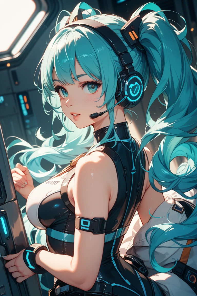 A mature crystal half-dragon adult female with blue horns adorning her head, her long, messy blue-green hair falling around her face, e olhos turquesa brilhantes, sits with a sweet expression. She is dressed in a police officer costume with her badge on the left side of her chest. She is wearing a light blue shirt and a black skirt. Ela se empoleira sedutoramente na beirada de uma mesa de festa. The scene takes place in a vibrant cyberpunk party setting, pulsando com luzes neon e elementos futuristas