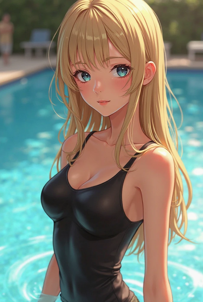 highest quality、complete limbs、full finger、1 woman、Women with blonde hair、medium hair woman、straight hair woman、Beauty busty woman:1.5、A woman wearing a yellow one-piece swimsuit:1.5、(((night pool)))、Hotel rooftop、light up、night、big smile、Being in the pool、wet texture