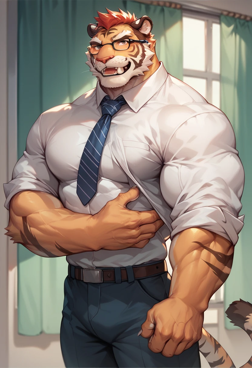Author: bontiage, (1 boy), One, tiger, big bulge crotch, boner, pants, long sleeve plain shirt, necktie, Men's Second, kemono, hot body, muscle, Beautiful, sexual, Attractive guy, (Detailed black eyes), brows, (masterpiece, A high resolution, Best quality), 4K, a male, Beautiful shadow, (red cheek:1.5), from front, reflection in a mirror